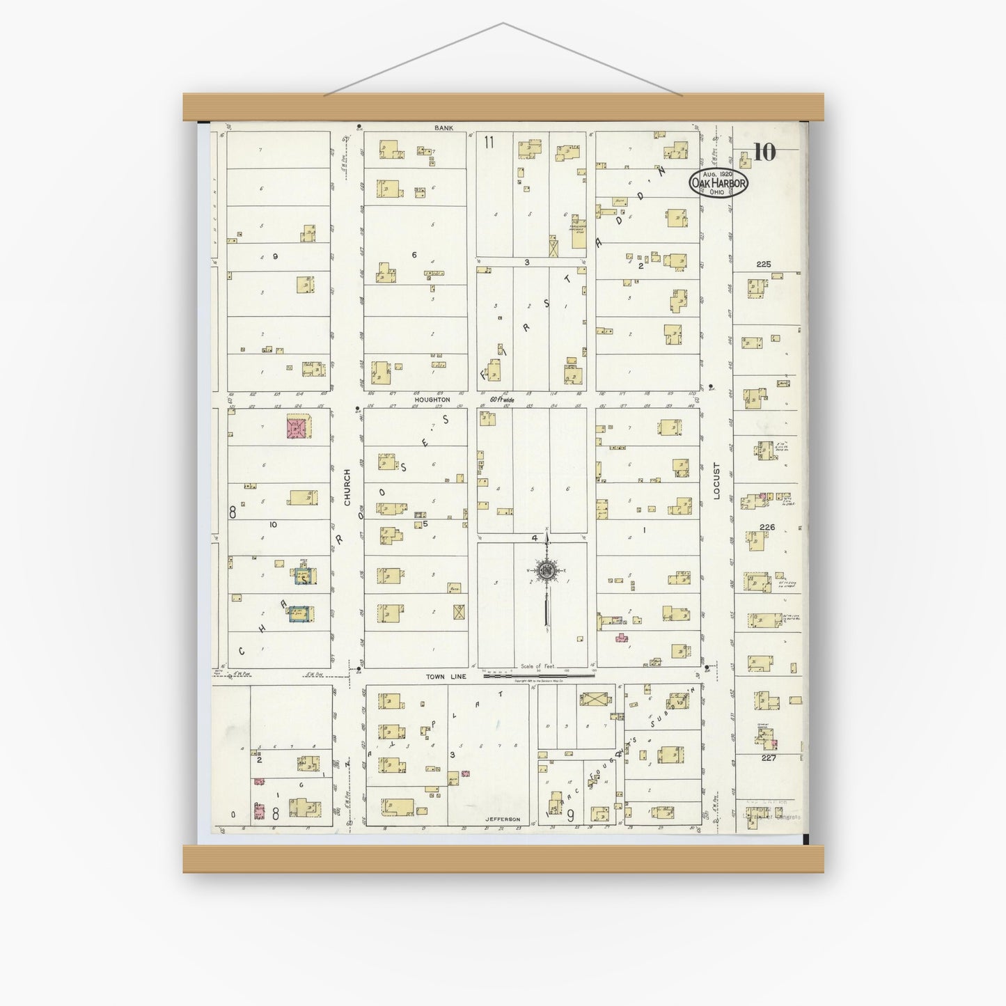 Old map wall art mockup — magnetic wood frame on white wall — Sanborn Fire Insurance Map from Oak Harbor, Ottawa County, Ohio (1920), Sheet #0010