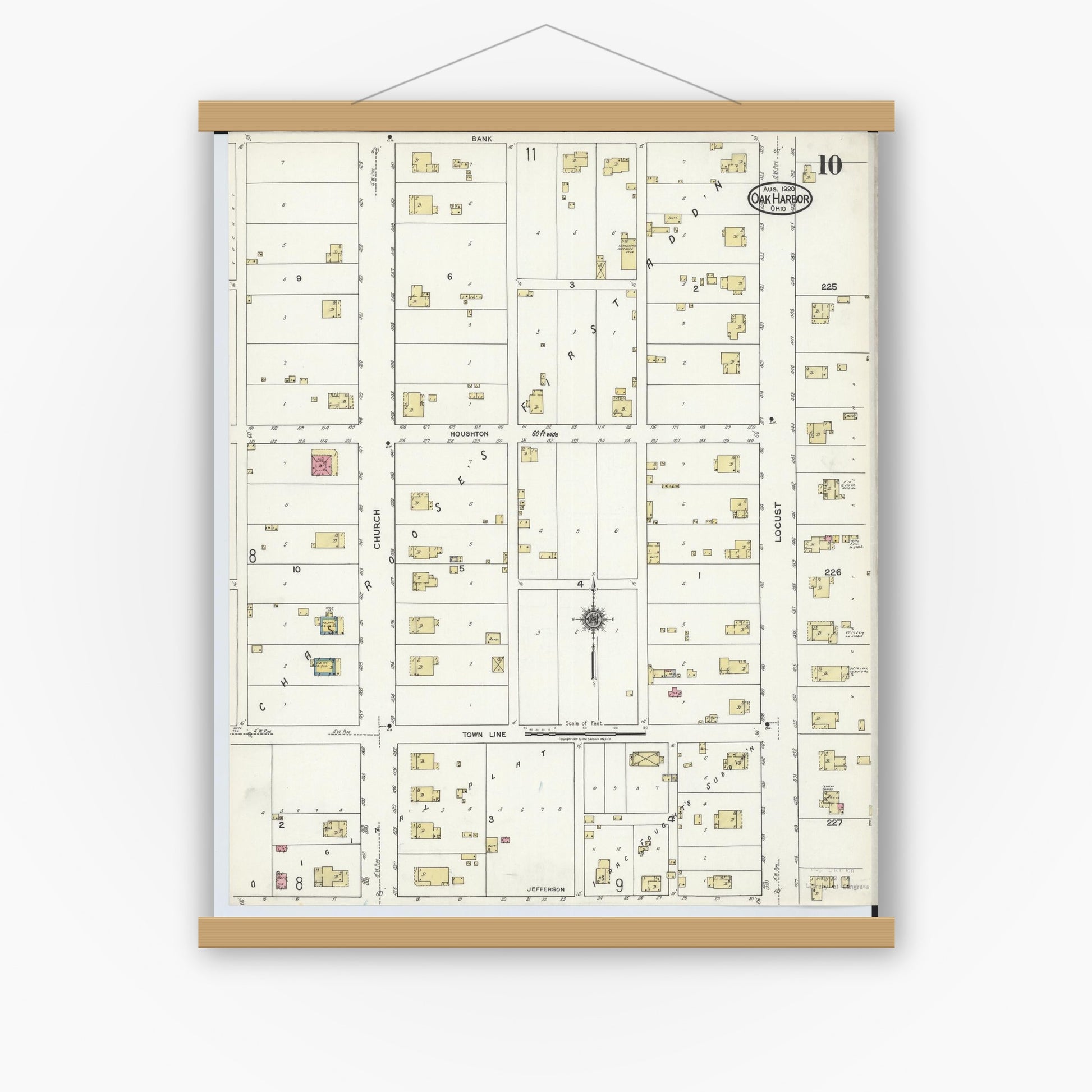 Old map wall art mockup — magnetic wood frame on white wall — Sanborn Fire Insurance Map from Oak Harbor, Ottawa County, Ohio (1920), Sheet #0010