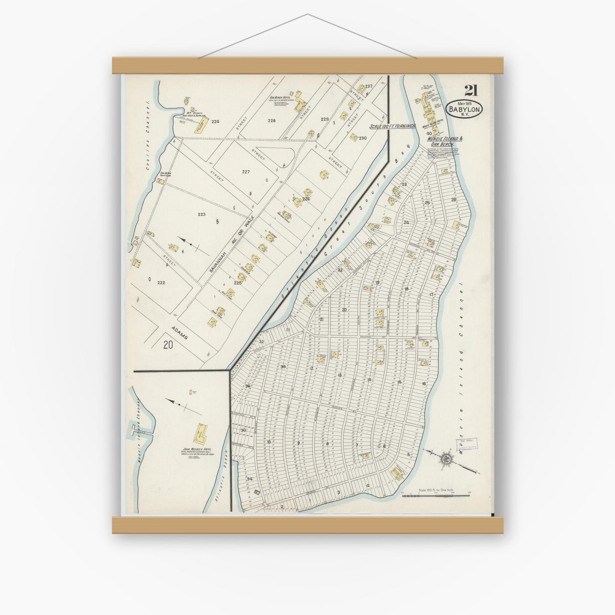 Old map wall art mockup — magnetic wood frame on white wall — Sanborn Fire Insurance Map from Babylon, Suffolk County, New York (1915), Sheet #0021