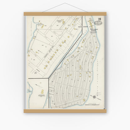 Old map wall art mockup — magnetic wood frame on white wall — Sanborn Fire Insurance Map from Babylon, Suffolk County, New York (1915), Sheet #0021