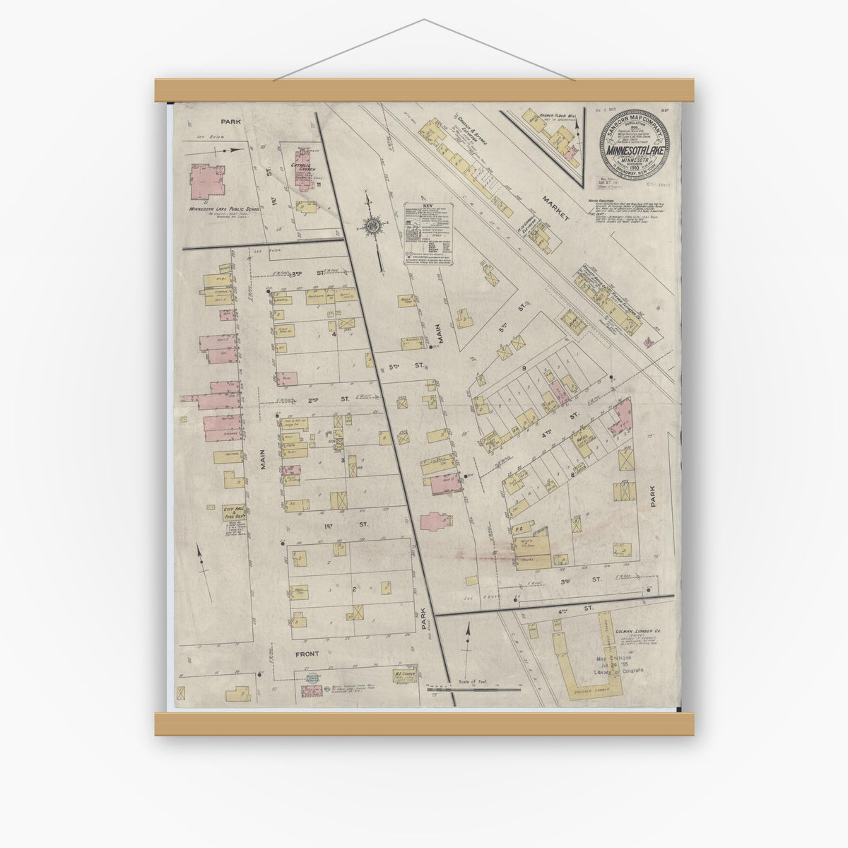 Old map wall art mockup — magnetic wood frame on white wall — Sanborn Fire Insurance Map from Minnesota Lake, Faribault County, Minnesota (1910), Sheet #0001