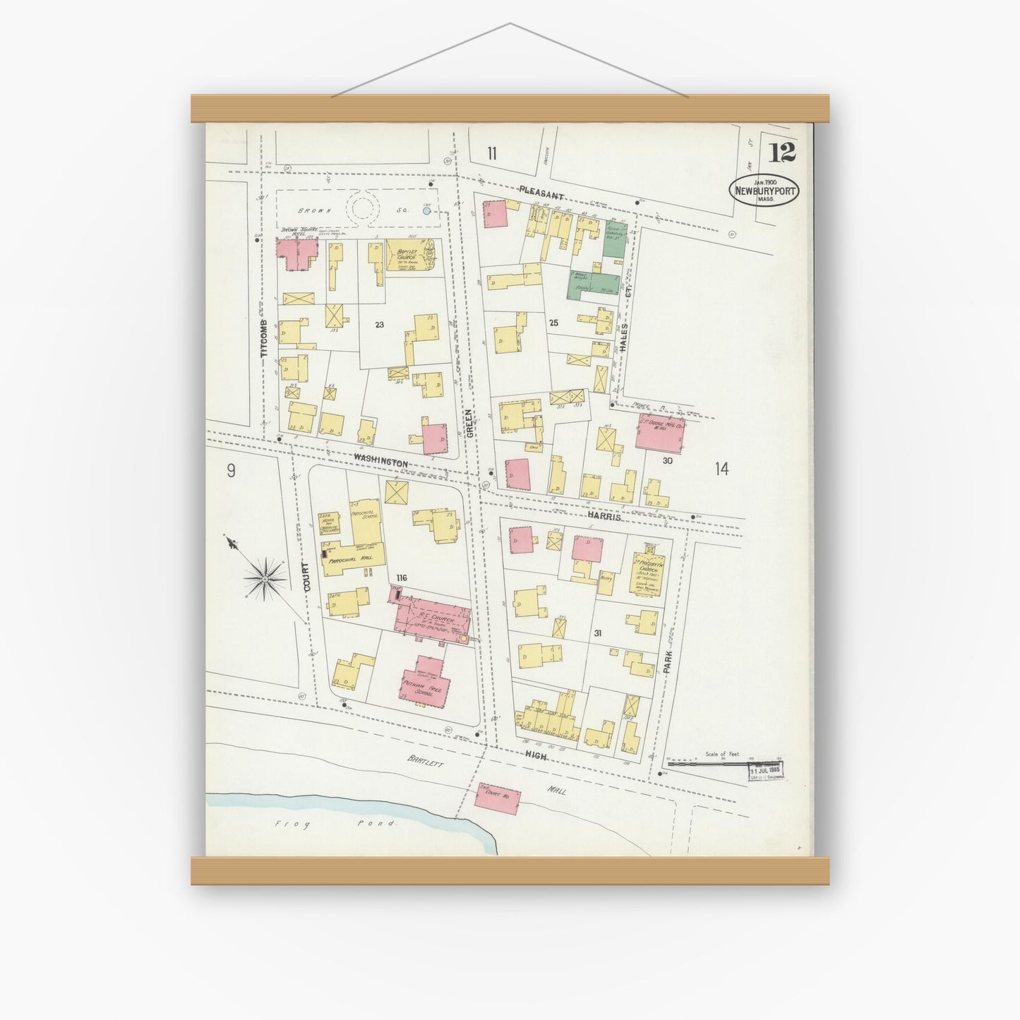 Old map wall art mockup — magnetic wood frame on white wall — Sanborn Fire Insurance Map from Newburyport, Essex County, Massachusetts (1900), Sheet #0012