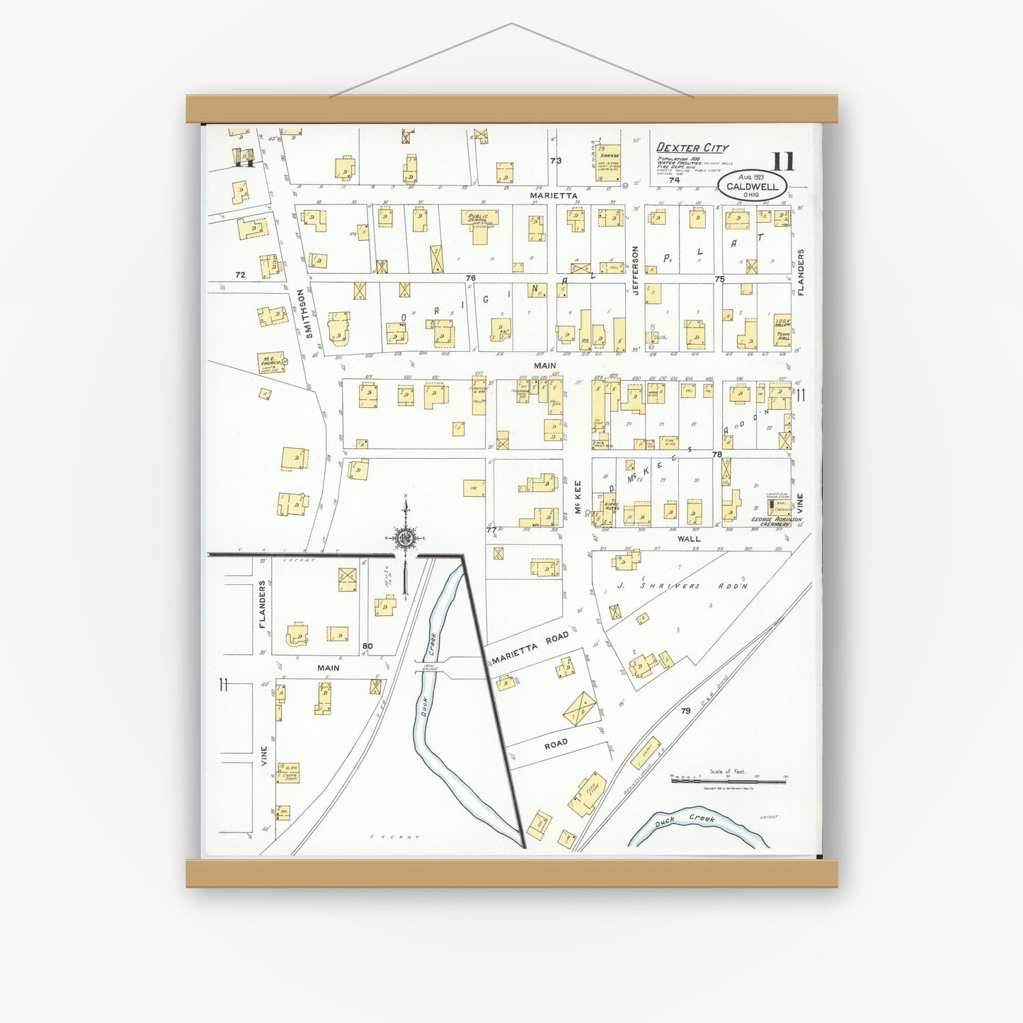 Old map wall art mockup — magnetic wood frame on white wall — Sanborn Fire Insurance Map from Caldwell, Noble County, Ohio (1923), Sheet #0011