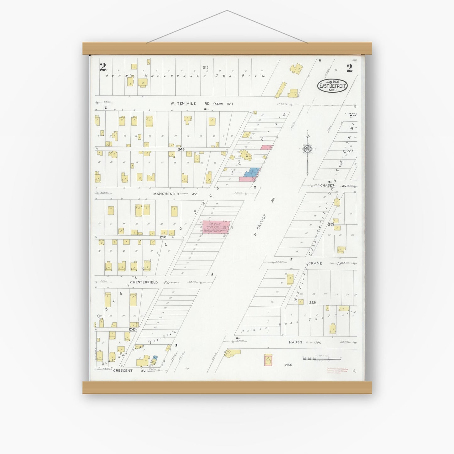 Old map wall art mockup — magnetic wood frame on white wall — Sanborn Fire Insurance Map from East Detroit, Macomb County, Michigan (1931), Sheet #0002