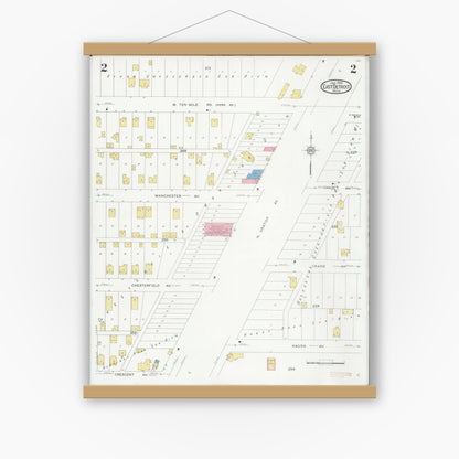 Old map wall art mockup — magnetic wood frame on white wall — Sanborn Fire Insurance Map from East Detroit, Macomb County, Michigan (1931), Sheet #0002