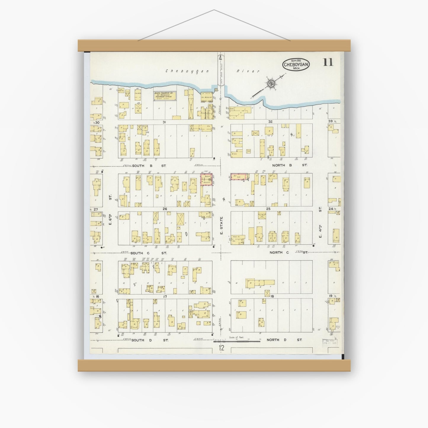 Old map wall art mockup — magnetic wood frame on white wall — Sanborn Fire Insurance Map from Cheboygan, Cheboygan County, Michigan (1915), Sheet #0011