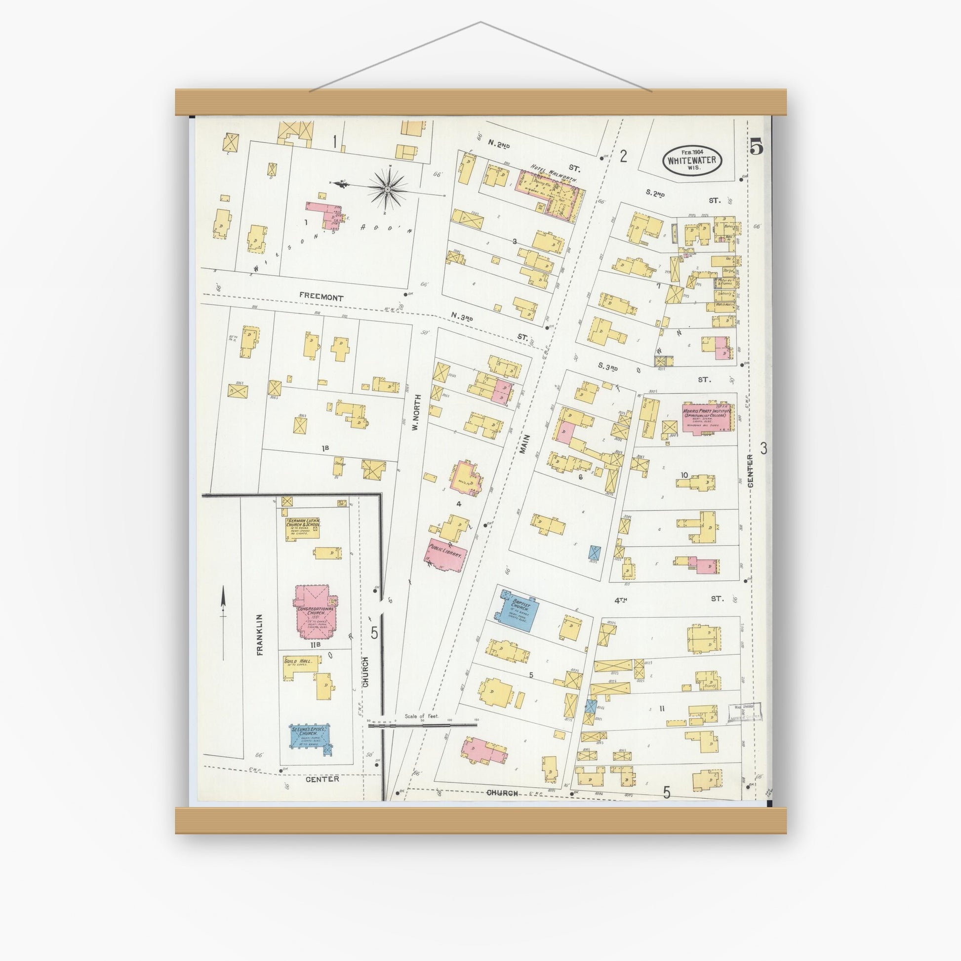 Old map wall art mockup — magnetic wood frame on white wall — Sanborn Fire Insurance Map from Whitewater, Walworth County, Wisconsin (1904), Sheet #0005
