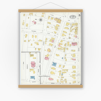 Old map wall art mockup — magnetic wood frame on white wall — Sanborn Fire Insurance Map from Whitewater, Walworth County, Wisconsin (1904), Sheet #0005