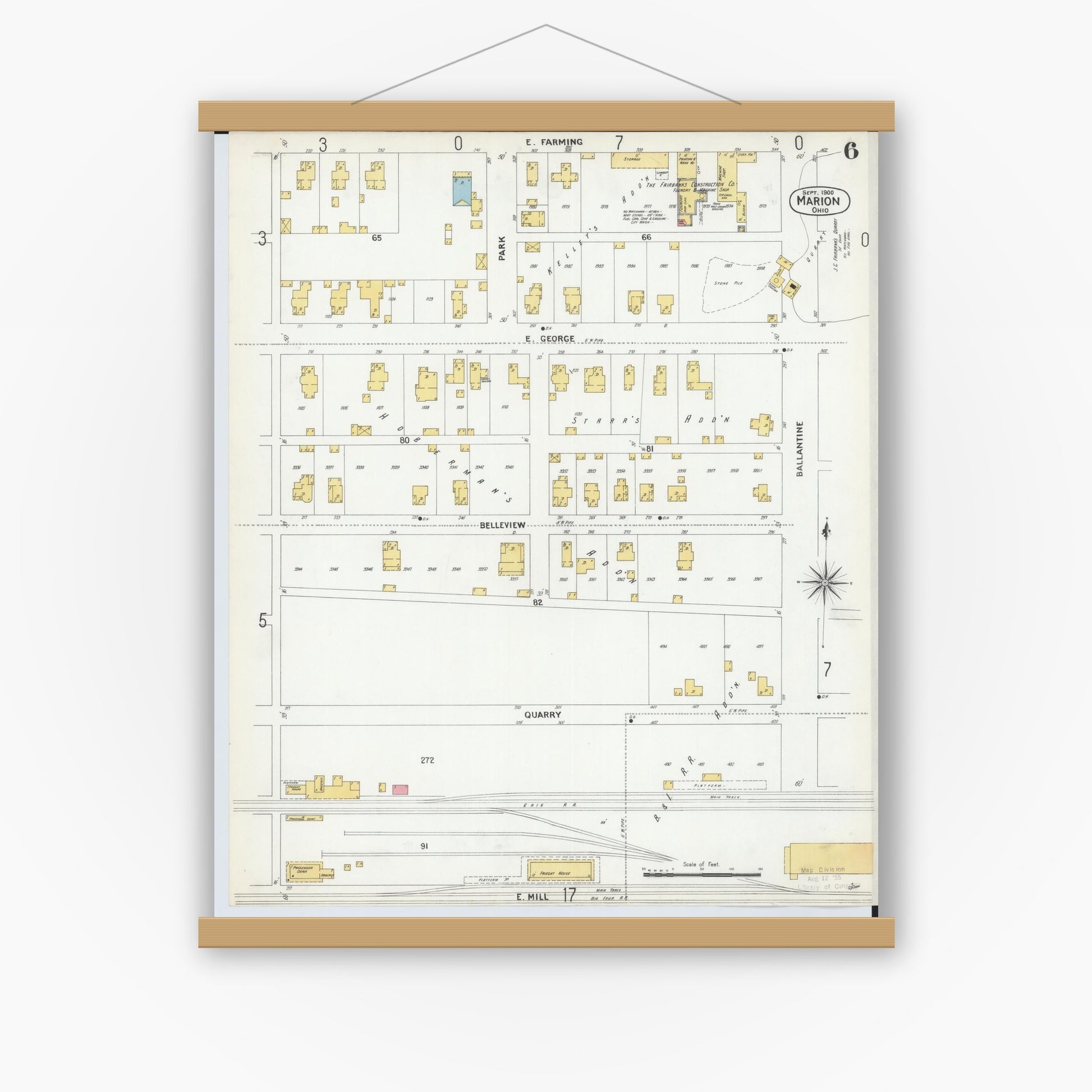 Old map wall art mockup — magnetic wood frame on white wall — Sanborn Fire Insurance Map from Marion, Marion County, Ohio (1900), Sheet #0006