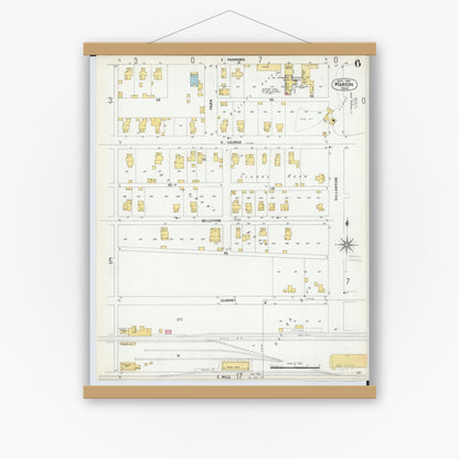 Old map wall art mockup — magnetic wood frame on white wall — Sanborn Fire Insurance Map from Marion, Marion County, Ohio (1900), Sheet #0006
