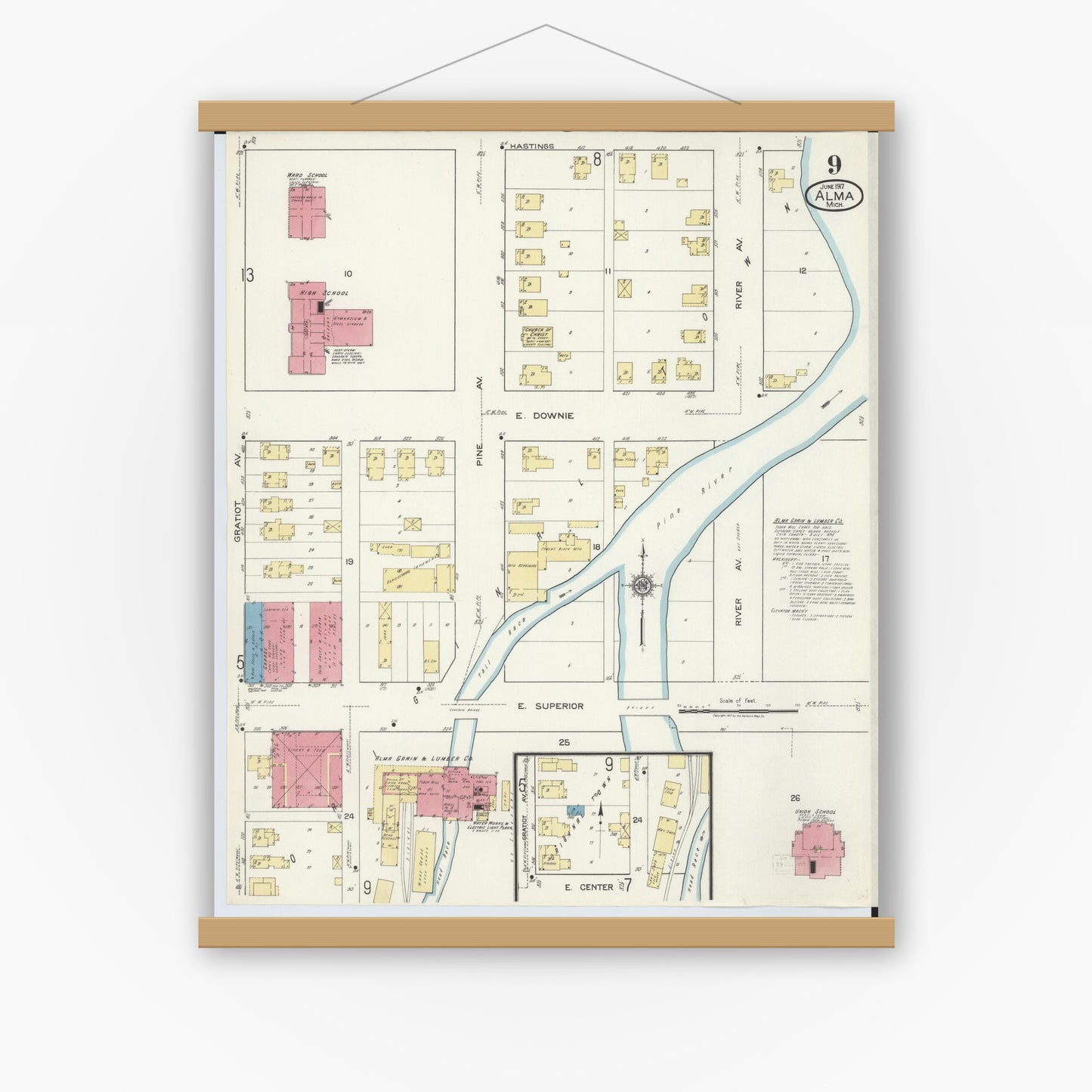 Old map wall art mockup — magnetic wood frame on white wall — Sanborn Fire Insurance Map from Alma, Gratiot County, Michigan (1917), Sheet #0009