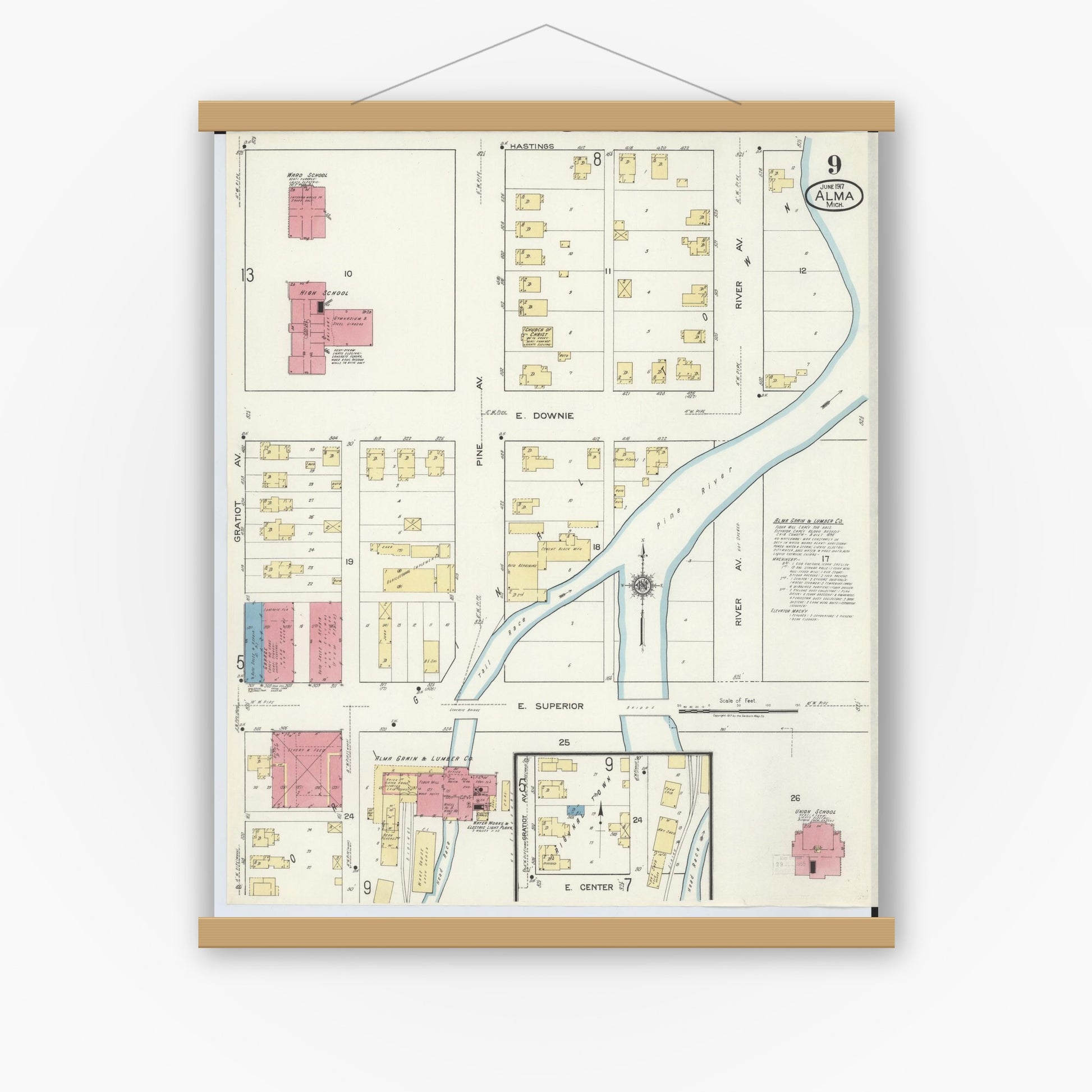 Old map wall art mockup — magnetic wood frame on white wall — Sanborn Fire Insurance Map from Alma, Gratiot County, Michigan (1917), Sheet #0009