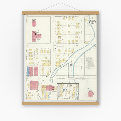 Old map wall art mockup — magnetic wood frame on white wall — Sanborn Fire Insurance Map from Alma, Gratiot County, Michigan (1917), Sheet #0009