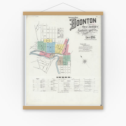 Old map wall art mockup — magnetic wood frame on white wall — Sanborn Fire Insurance Map from Boonton, Morris County, New Jersey (1896), Sheet #0001