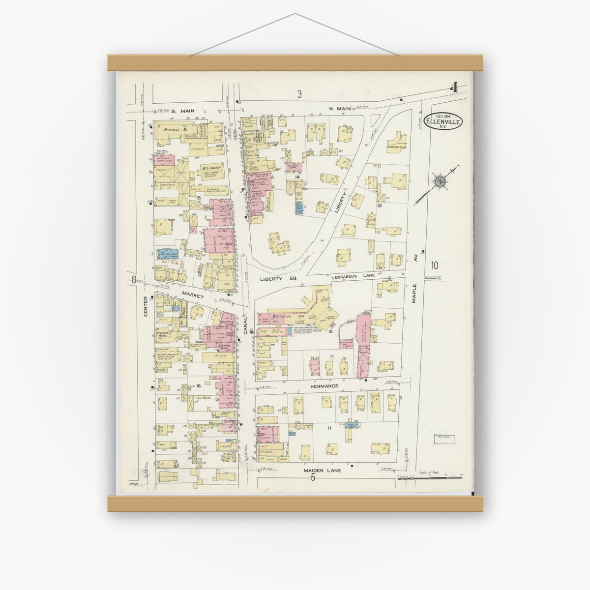 Old map wall art mockup — magnetic wood frame on white wall — Sanborn Fire Insurance Map from Ellenville, Ulster County, New York (1914), Sheet #0004