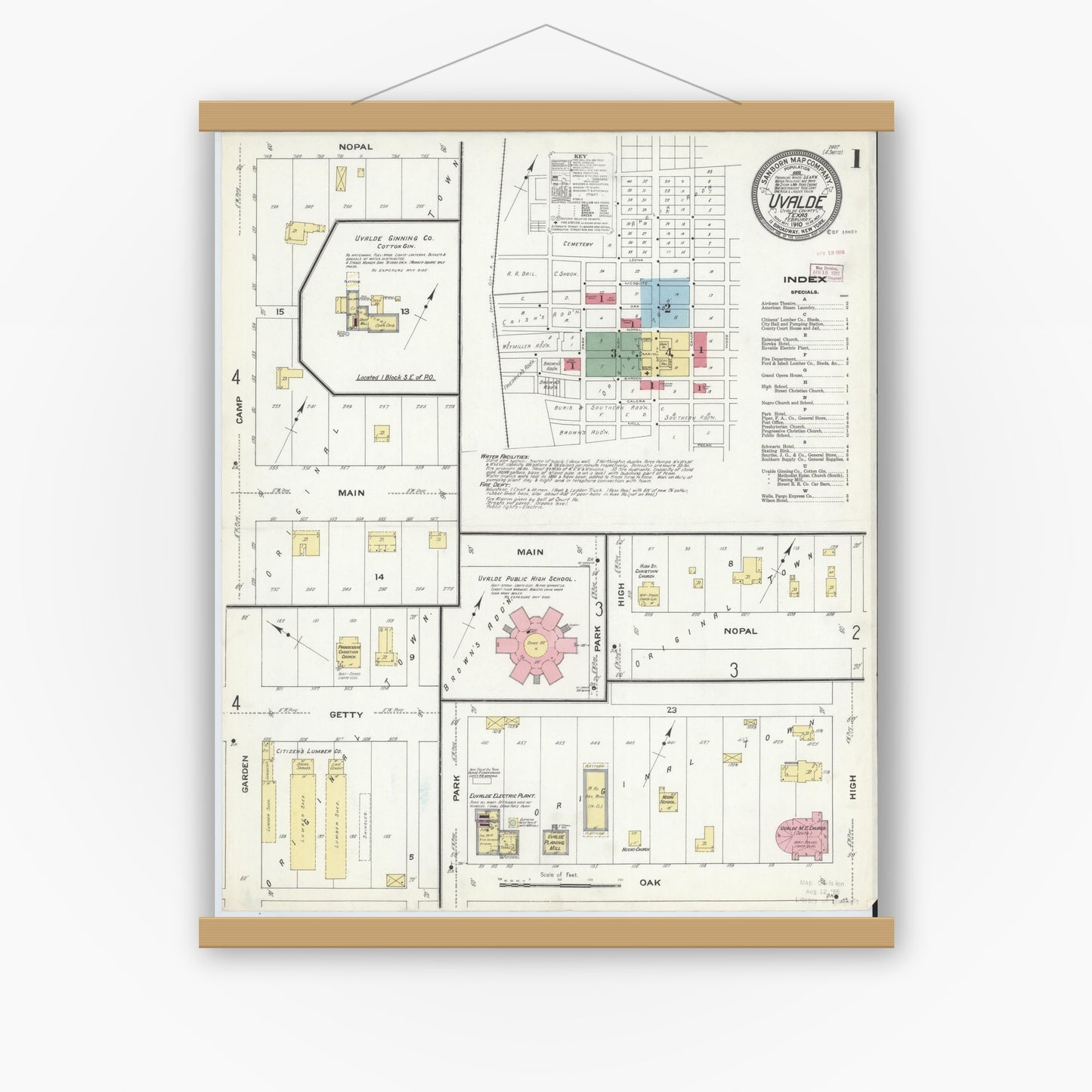 Old map wall art mockup — magnetic wood frame on white wall — Sanborn Fire Insurance Map from Uvalde, Uvalde County, Texas (1910), Sheet #0001