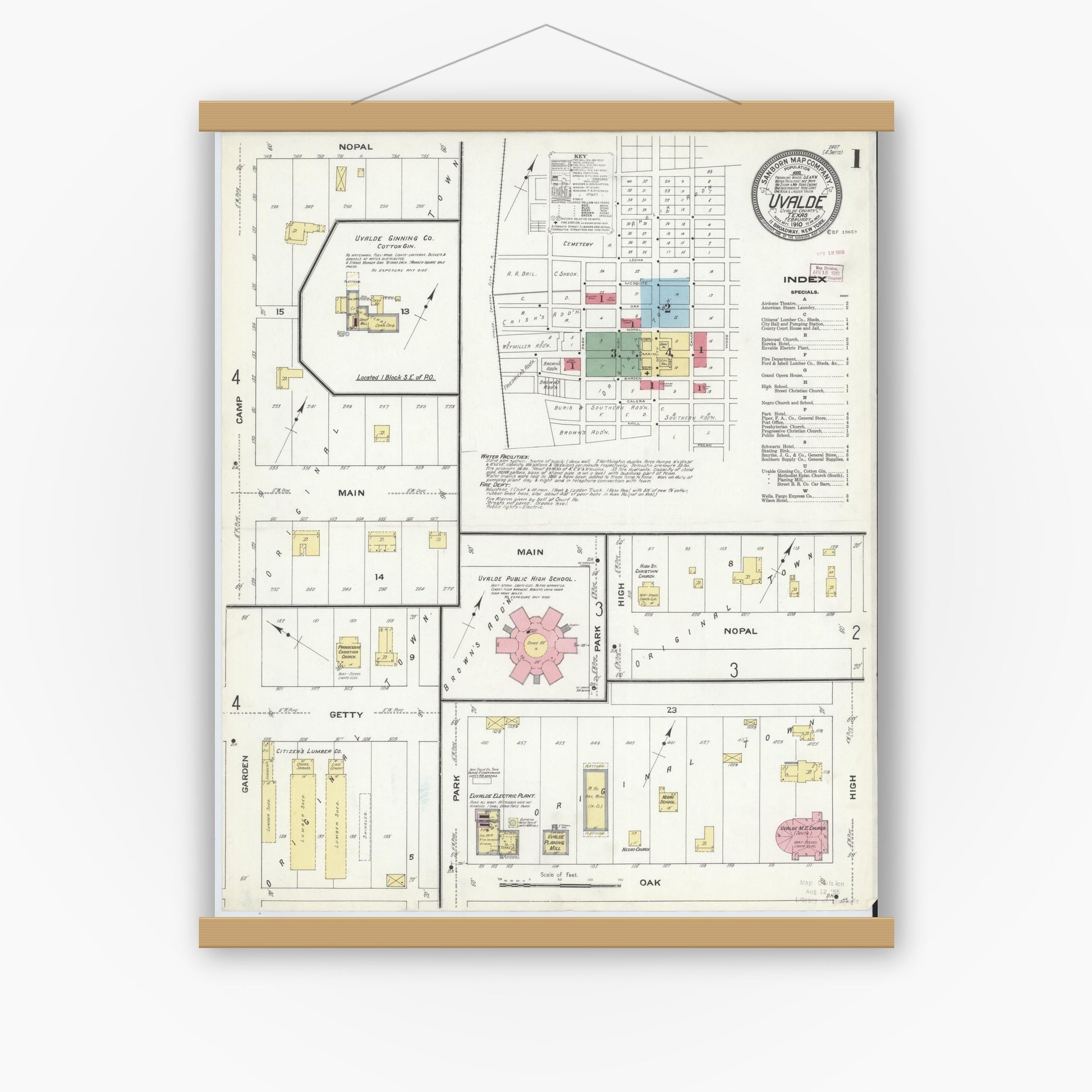 Old map wall art mockup — magnetic wood frame on white wall — Sanborn Fire Insurance Map from Uvalde, Uvalde County, Texas (1910), Sheet #0001