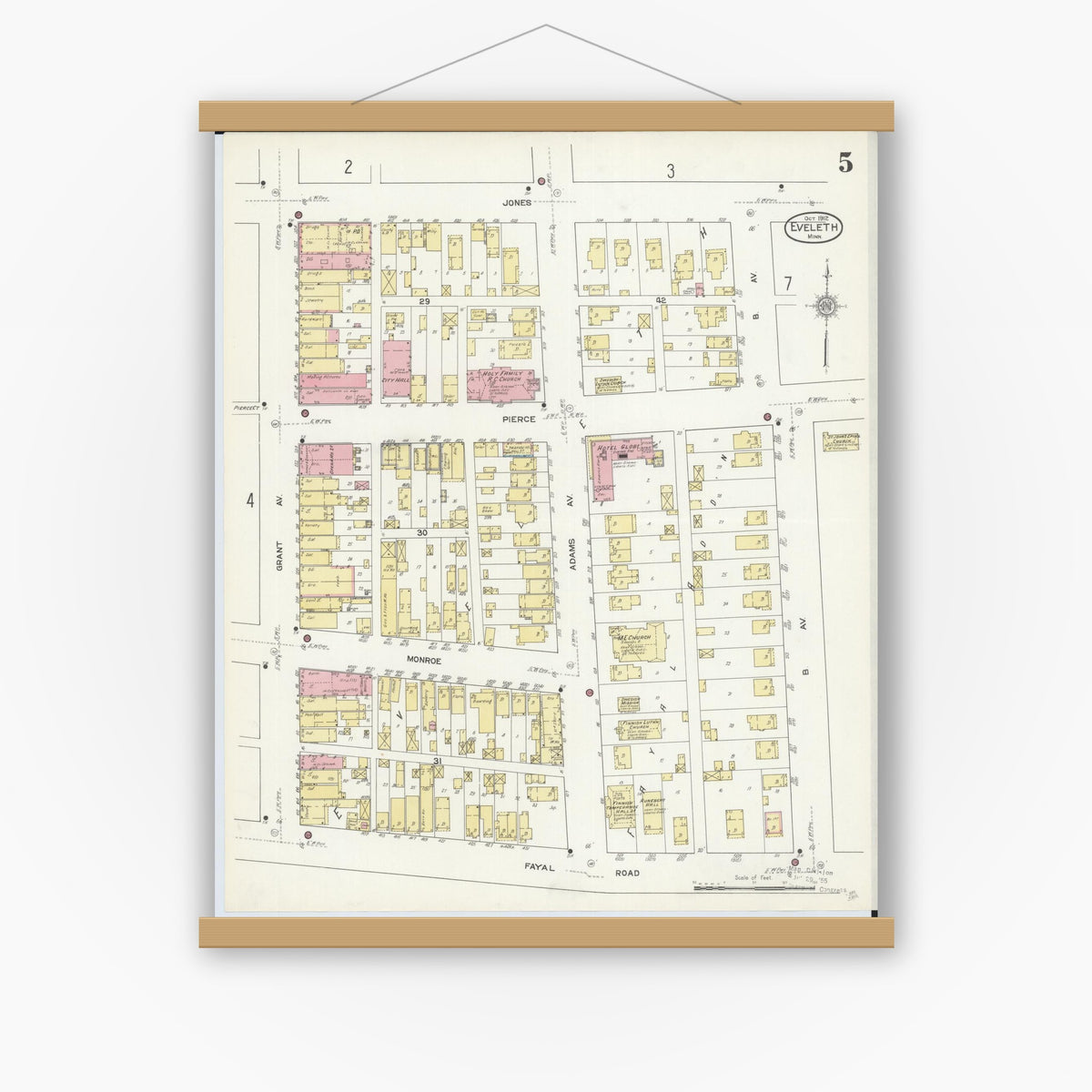 Old map wall art mockup — magnetic wood frame on white wall — Sanborn Fire Insurance Map from Eveleth, Saint Louis County, Minnesota (1912), Sheet #0005