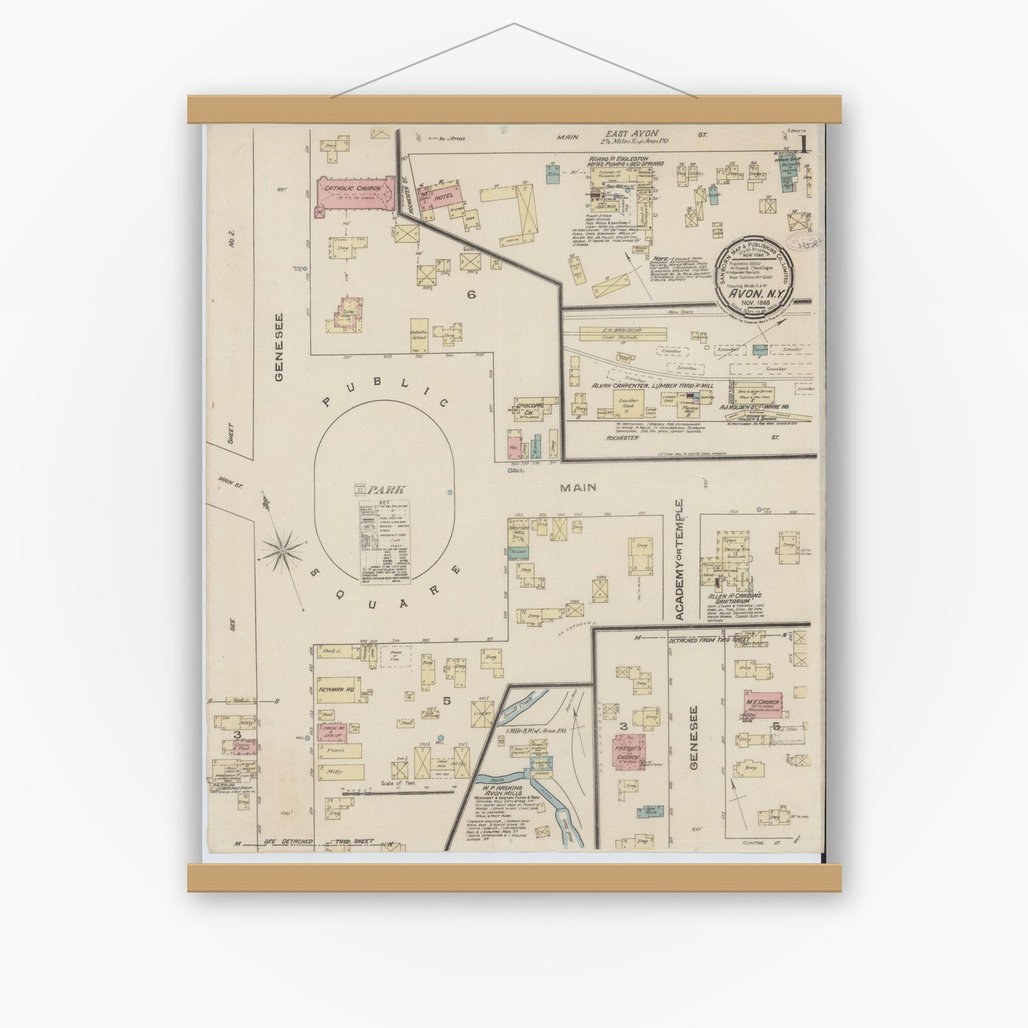Old map wall art mockup — magnetic wood frame on white wall — Sanborn Fire Insurance Map from Avon, Livingston County, New York (1885) - Complete Map Set