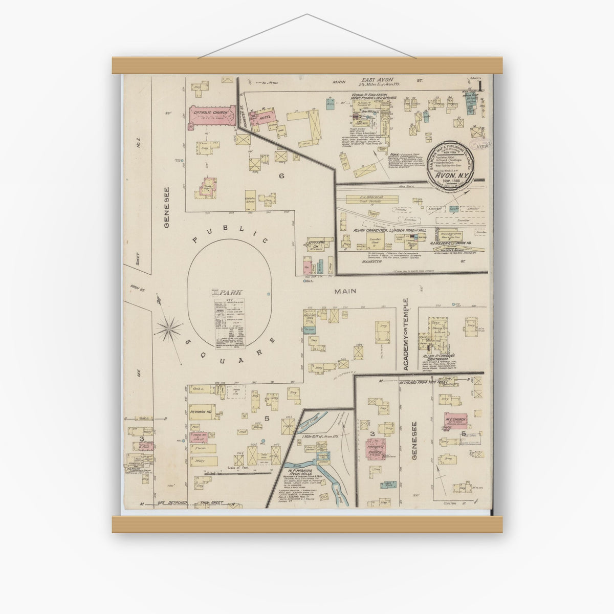 Old map wall art mockup — magnetic wood frame on white wall — Sanborn Fire Insurance Map from Avon, Livingston County, New York (1885) - Complete Map Set