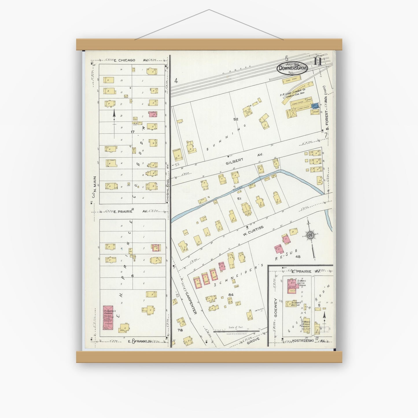 Old map wall art mockup — magnetic wood frame on white wall — Sanborn Fire Insurance Map from Downers Grove, Dupage County, Illinois (1921), Sheet #0011