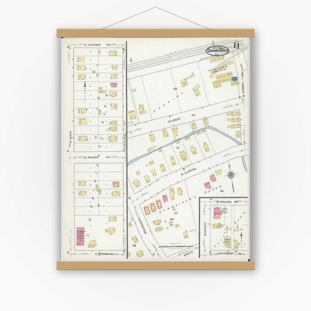 Old map wall art mockup — magnetic wood frame on white wall — Sanborn Fire Insurance Map from Downers Grove, Dupage County, Illinois (1921), Sheet #0011