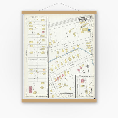 Old map wall art mockup — magnetic wood frame on white wall — Sanborn Fire Insurance Map from Downers Grove, Dupage County, Illinois (1921), Sheet #0011