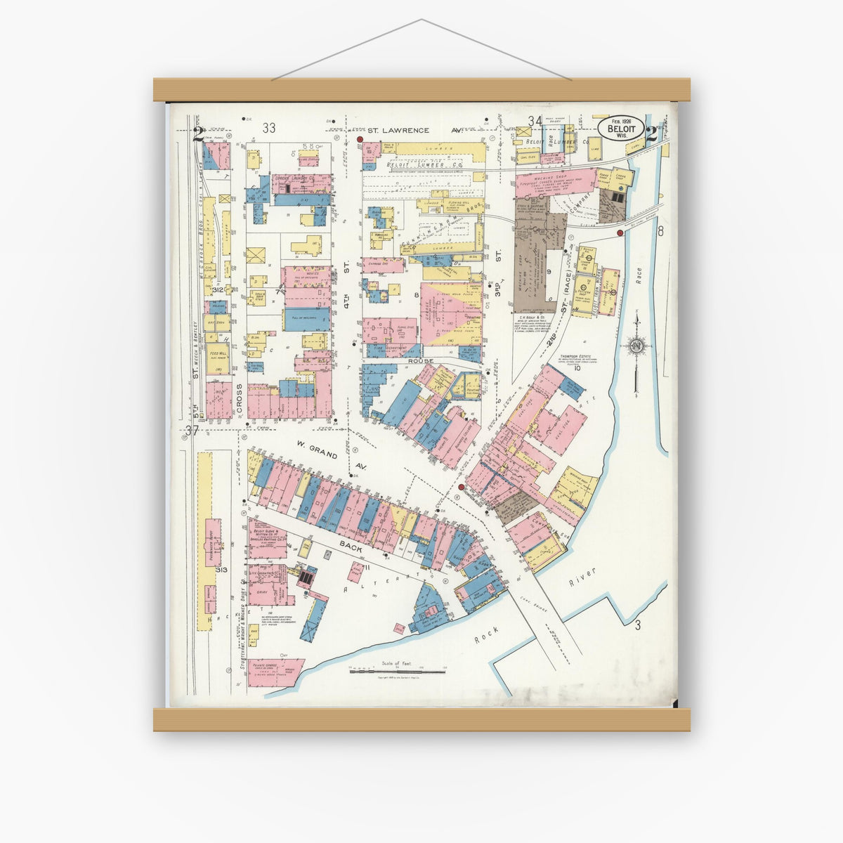 Old map wall art mockup — magnetic wood frame on white wall — Sanborn Fire Insurance Map from Beloit, Rock County, Wisconsin (1926), Sheet #0002