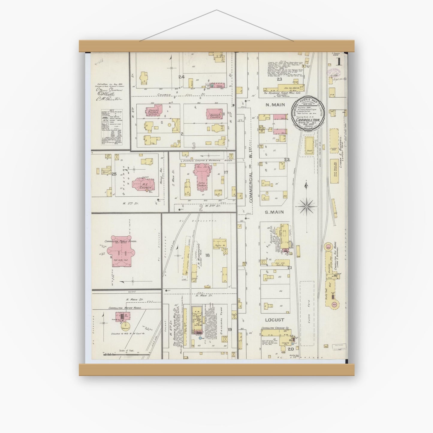 Old map wall art mockup — magnetic wood frame on white wall — Sanborn Fire Insurance Map from Carrollton, Greene County, Illinois (1893), Sheet #0001
