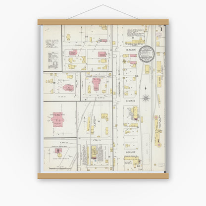 Old map wall art mockup — magnetic wood frame on white wall — Sanborn Fire Insurance Map from Carrollton, Greene County, Illinois (1893), Sheet #0001