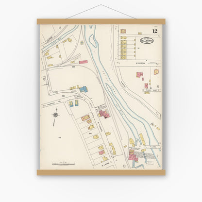 Old map wall art mockup — magnetic wood frame on white wall — Sanborn Fire Insurance Map from Bellefonte, Centre County, Pennsylvania (1922), Sheet #0012
