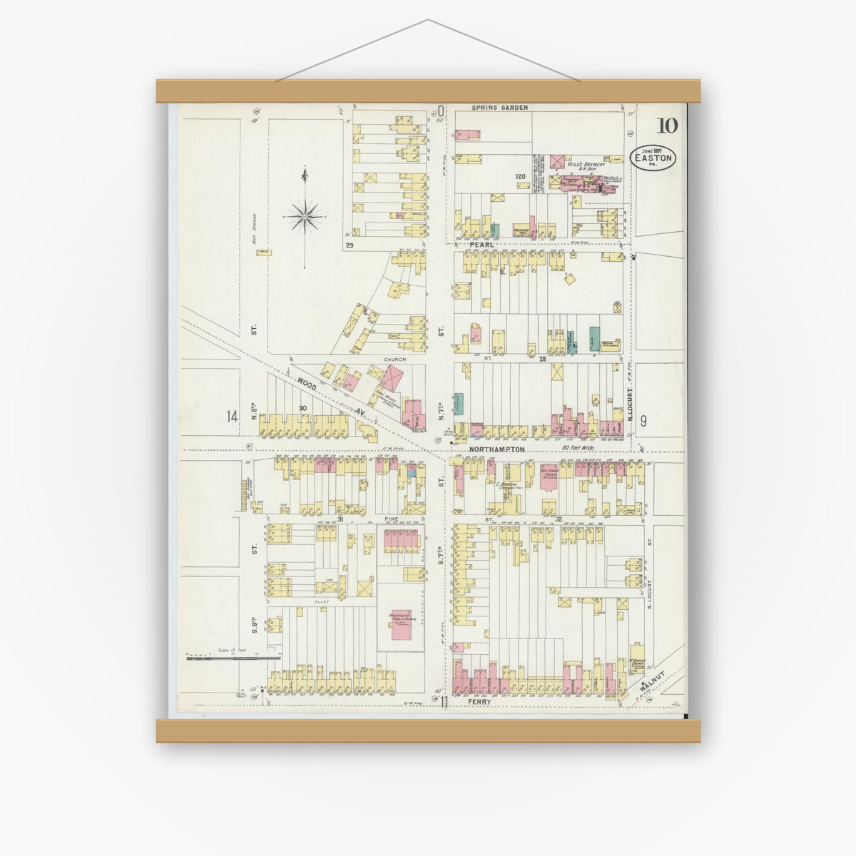 Old map wall art mockup — magnetic wood frame on white wall — Sanborn Fire Insurance Map from Easton, Northampton County, Pennsylvania (1897), Sheet #0010