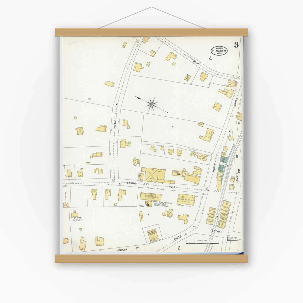 Old map wall art mockup — magnetic wood frame on white wall — Sanborn Fire Insurance Map from Hingham, Plymouth County, Massachusetts (1903), Sheet #0003