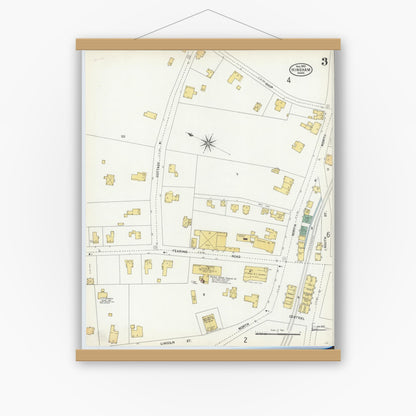 Old map wall art mockup — magnetic wood frame on white wall — Sanborn Fire Insurance Map from Hingham, Plymouth County, Massachusetts (1903), Sheet #0003