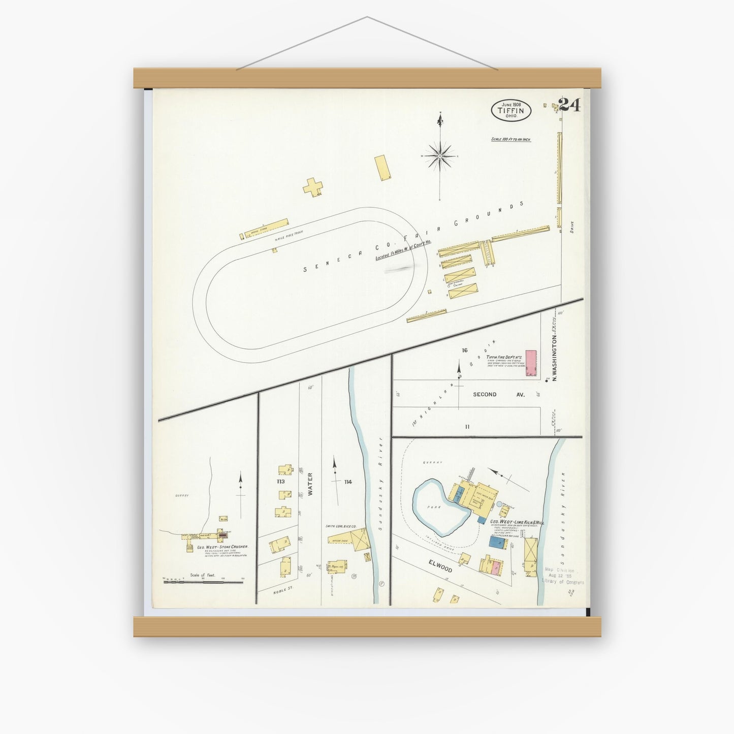 Old map wall art mockup — magnetic wood frame on white wall — Sanborn Fire Insurance Map from Tiffin, Seneca County, Ohio (1908), Sheet #0024
