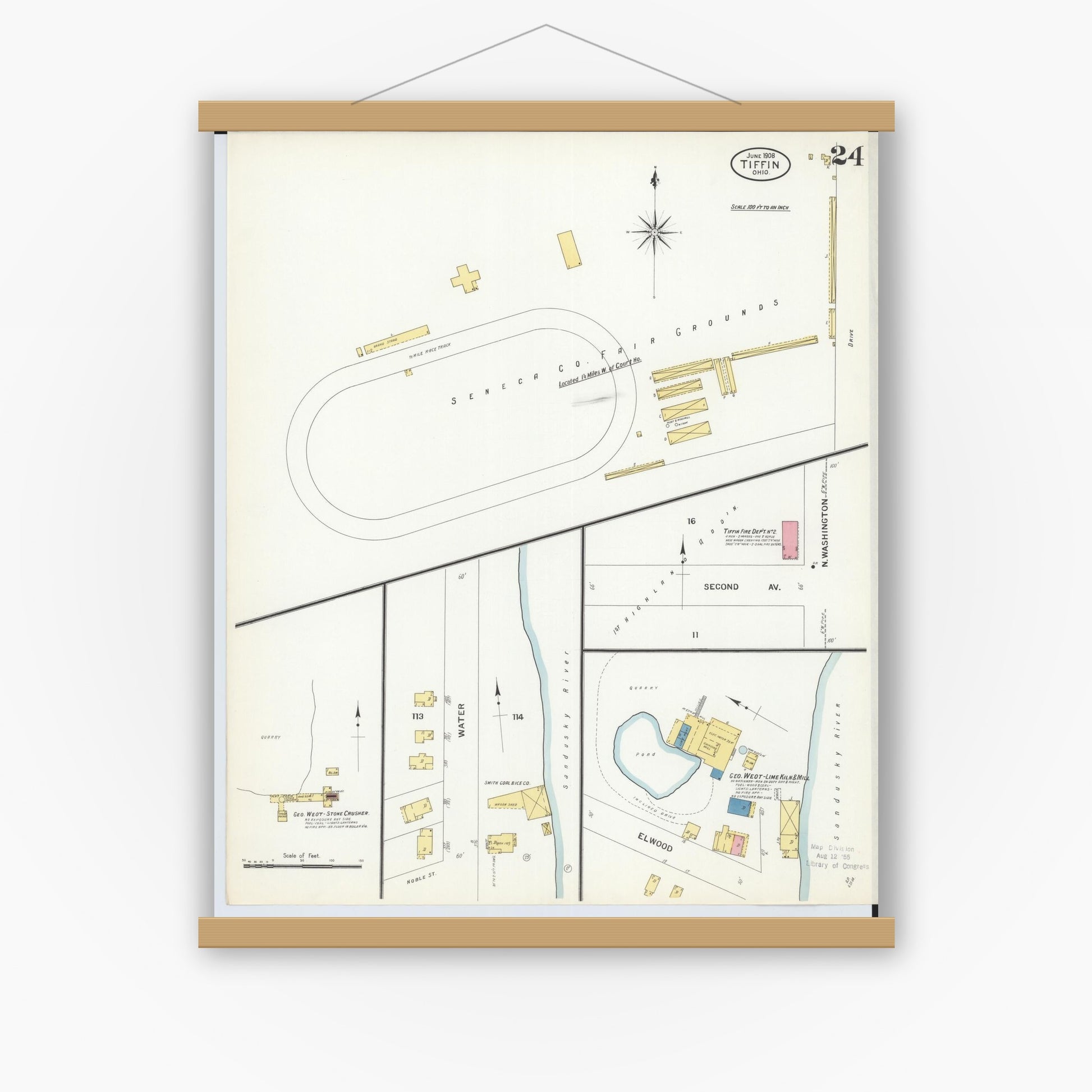 Old map wall art mockup — magnetic wood frame on white wall — Sanborn Fire Insurance Map from Tiffin, Seneca County, Ohio (1908), Sheet #0024