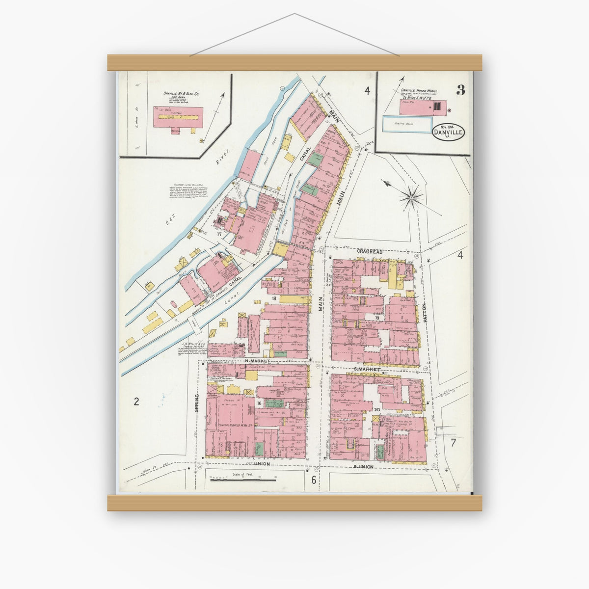 Old map wall art mockup — magnetic wood frame on white wall — Sanborn Fire Insurance Map from Danville, Independent Cities, Virginia (1904), Sheet #0003