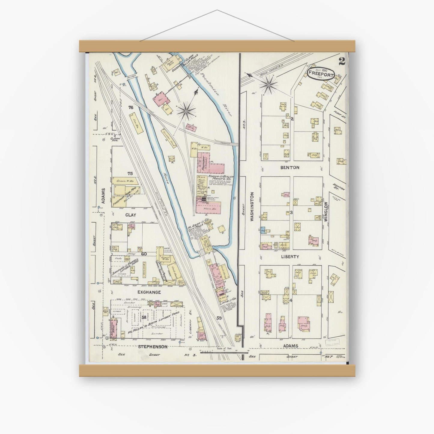 Old map wall art mockup — magnetic wood frame on white wall — Sanborn Fire Insurance Map from Freeport, Stephenson County, Illinois (1890), Sheet #0002