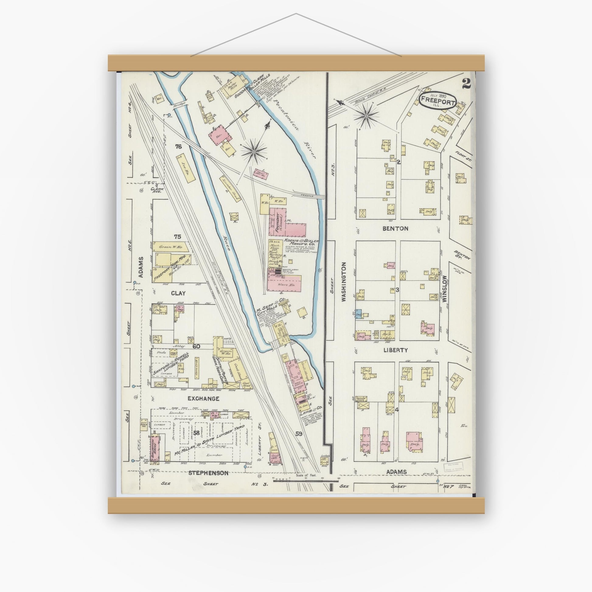 Old map wall art mockup — magnetic wood frame on white wall — Sanborn Fire Insurance Map from Freeport, Stephenson County, Illinois (1890), Sheet #0002