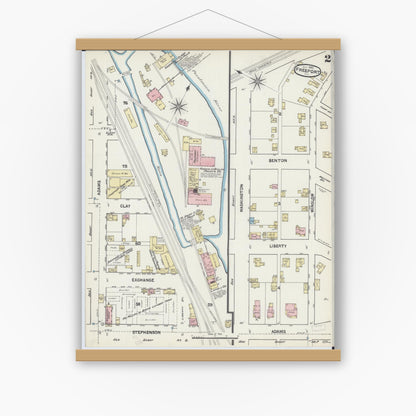 Old map wall art mockup — magnetic wood frame on white wall — Sanborn Fire Insurance Map from Freeport, Stephenson County, Illinois (1890), Sheet #0002