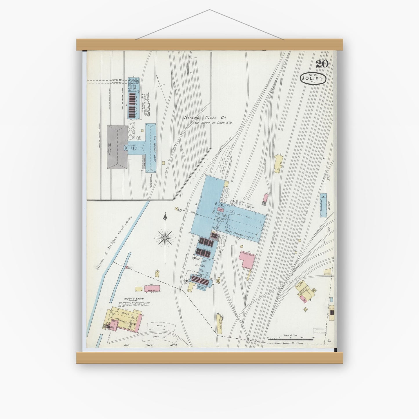 Old map wall art mockup — magnetic wood frame on white wall — Sanborn Fire Insurance Map from Joliet, Will County, Illinois (1891), Sheet #0020
