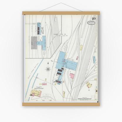 Old map wall art mockup — magnetic wood frame on white wall — Sanborn Fire Insurance Map from Joliet, Will County, Illinois (1891), Sheet #0020
