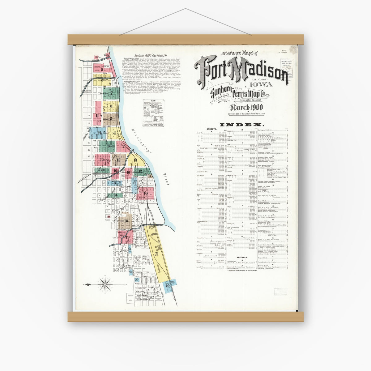 Old map wall art mockup — magnetic wood frame on white wall — Sanborn Fire Insurance Map from Fort Madison, Lee County, Iowa (1900) â€” Complete Set