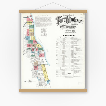 Old map wall art mockup — magnetic wood frame on white wall — Sanborn Fire Insurance Map from Fort Madison, Lee County, Iowa (1900) â€” Complete Set