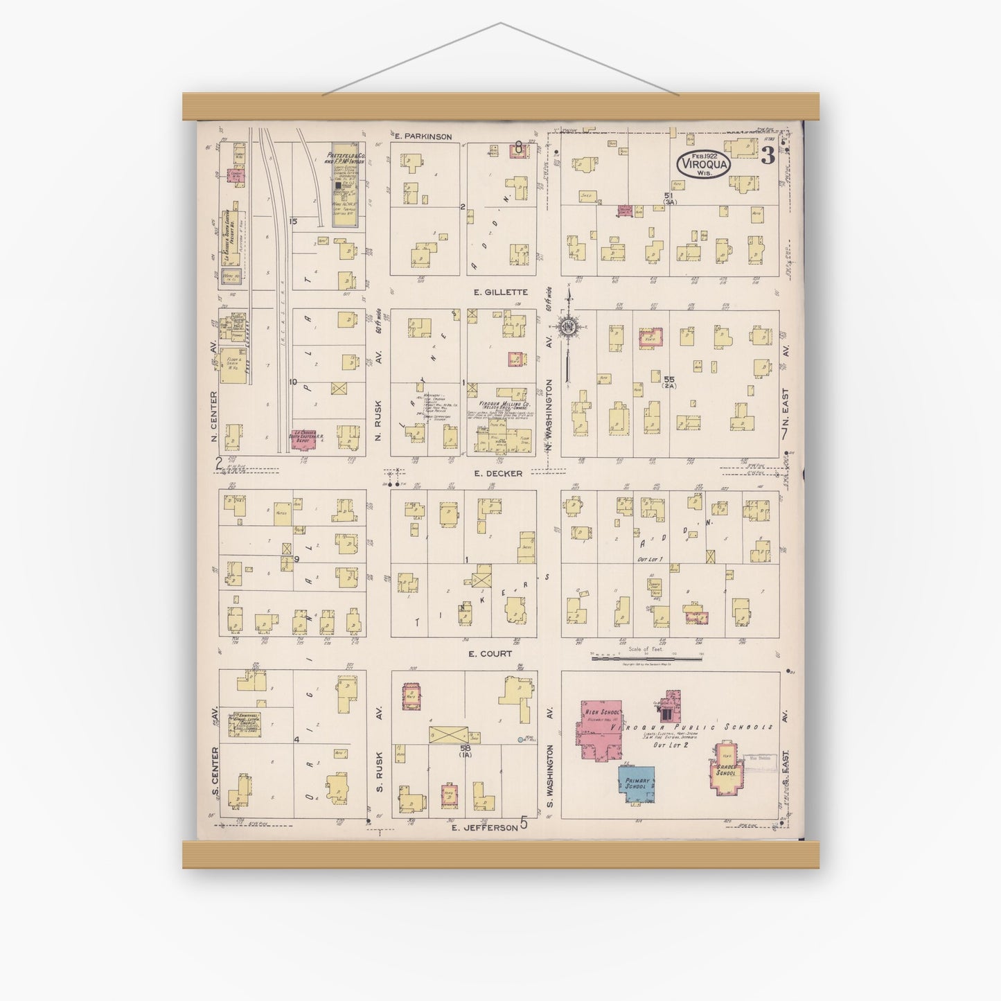 Old map wall art mockup — magnetic wood frame on white wall — Sanborn Fire Insurance Map from Viroqua, Vernon County, Wisconsin (1922), Sheet #0003
