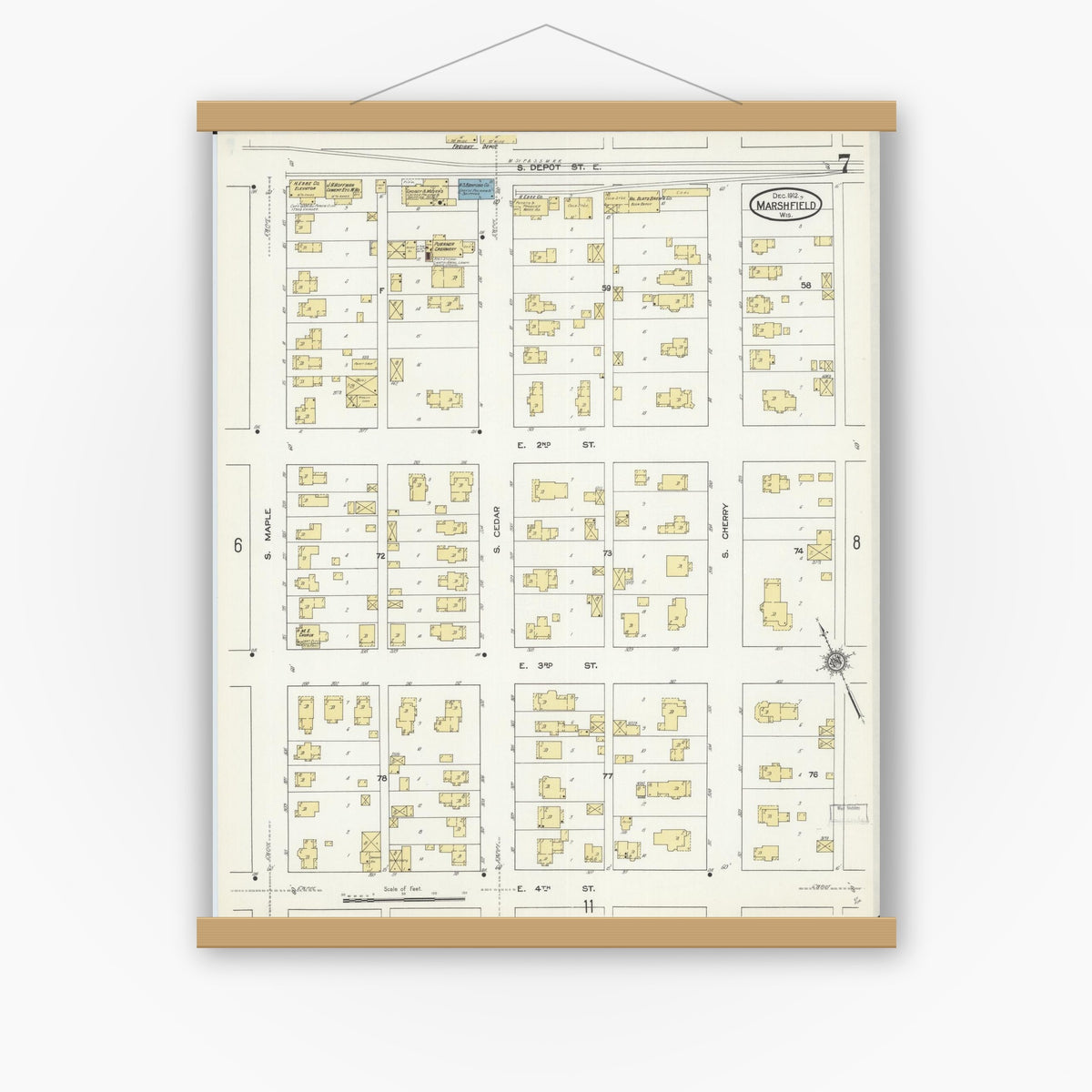 Old map wall art mockup — magnetic wood frame on white wall — Sanborn Fire Insurance Map from Marshfield, Wood County, Wisconsin (1912), Sheet #0007