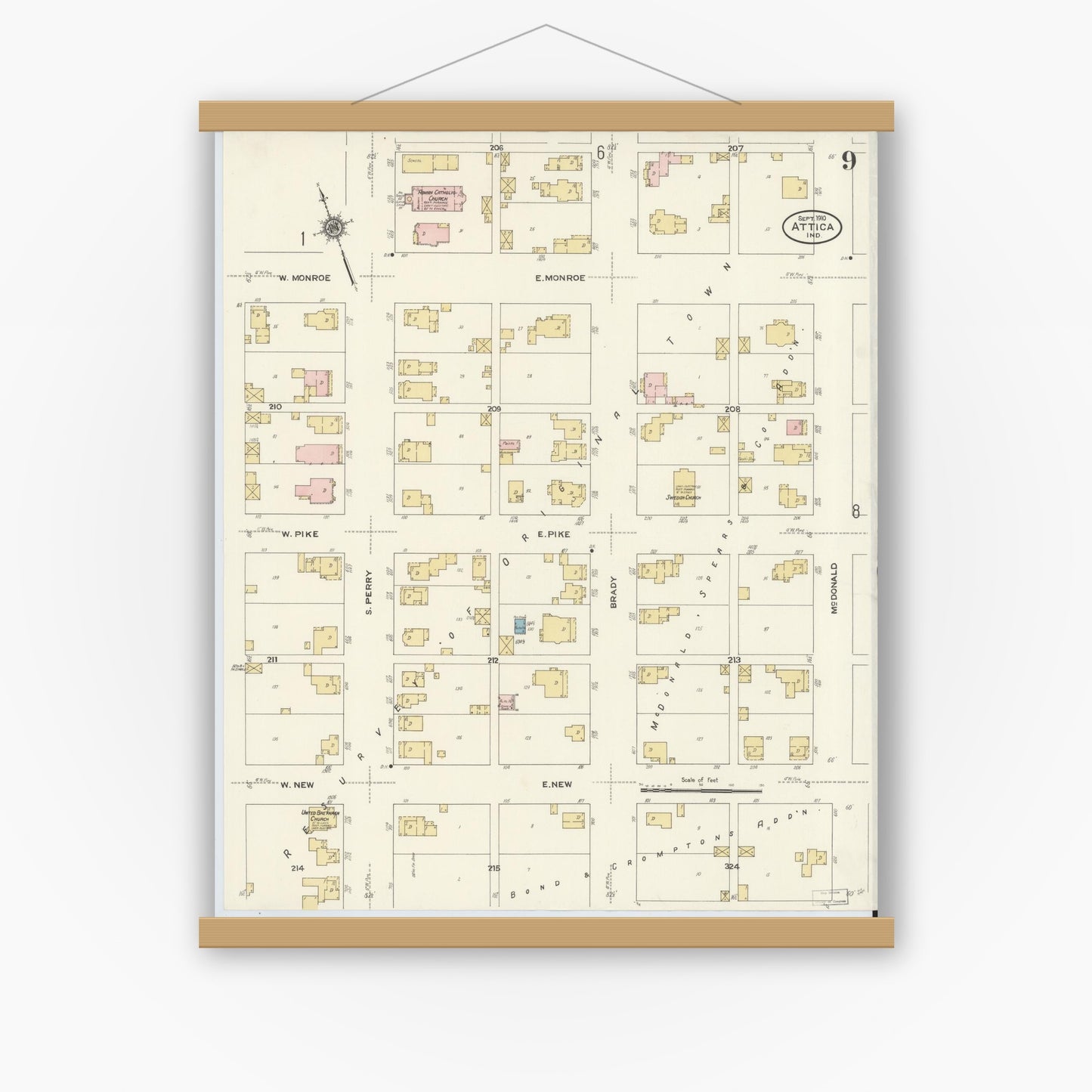Old map wall art mockup — magnetic wood frame on white wall — Sanborn Fire Insurance Map from Attica, Fountain County, Indiana (1910), Sheet #0009