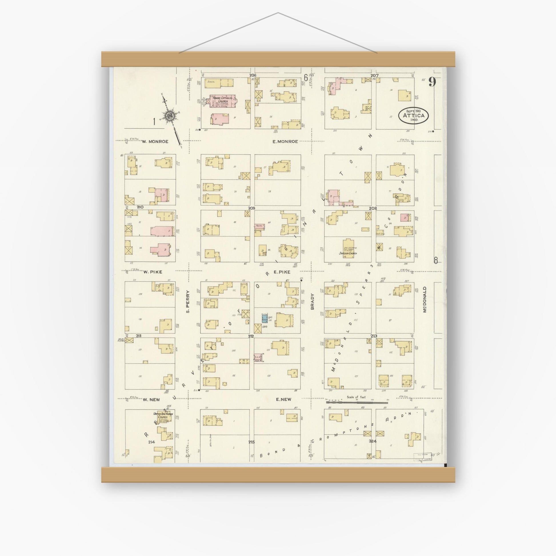 Old map wall art mockup — magnetic wood frame on white wall — Sanborn Fire Insurance Map from Attica, Fountain County, Indiana (1910), Sheet #0009