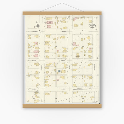 Old map wall art mockup — magnetic wood frame on white wall — Sanborn Fire Insurance Map from Attica, Fountain County, Indiana (1910), Sheet #0009