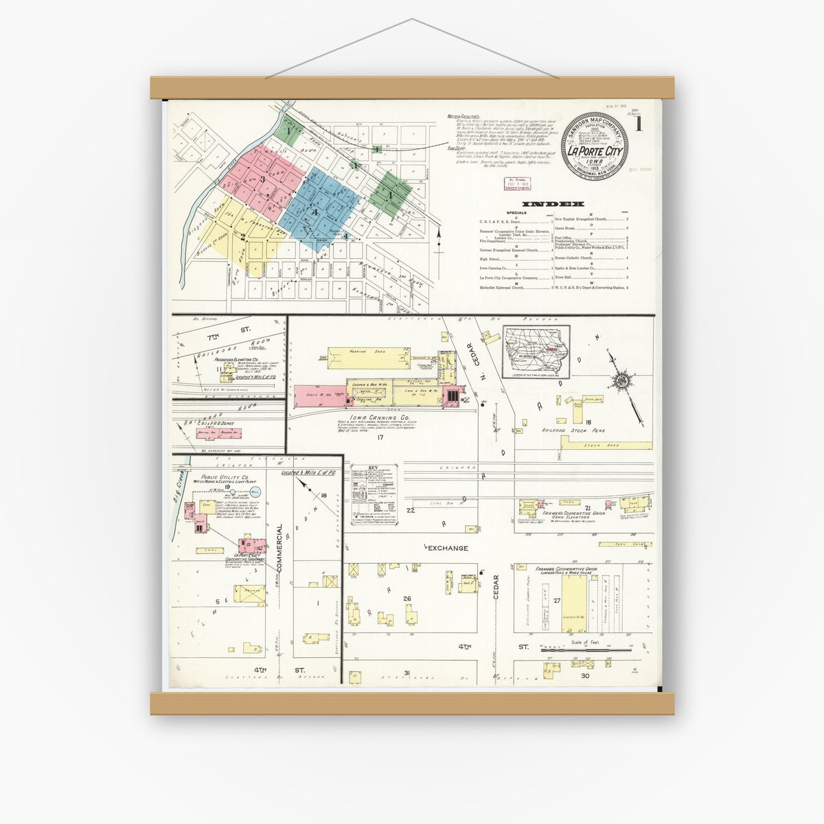 Old map wall art mockup — magnetic wood frame on white wall — Sanborn Fire Insurance Map from La Porte City, Black Hawk County, Iowa (1913), Sheet #0001